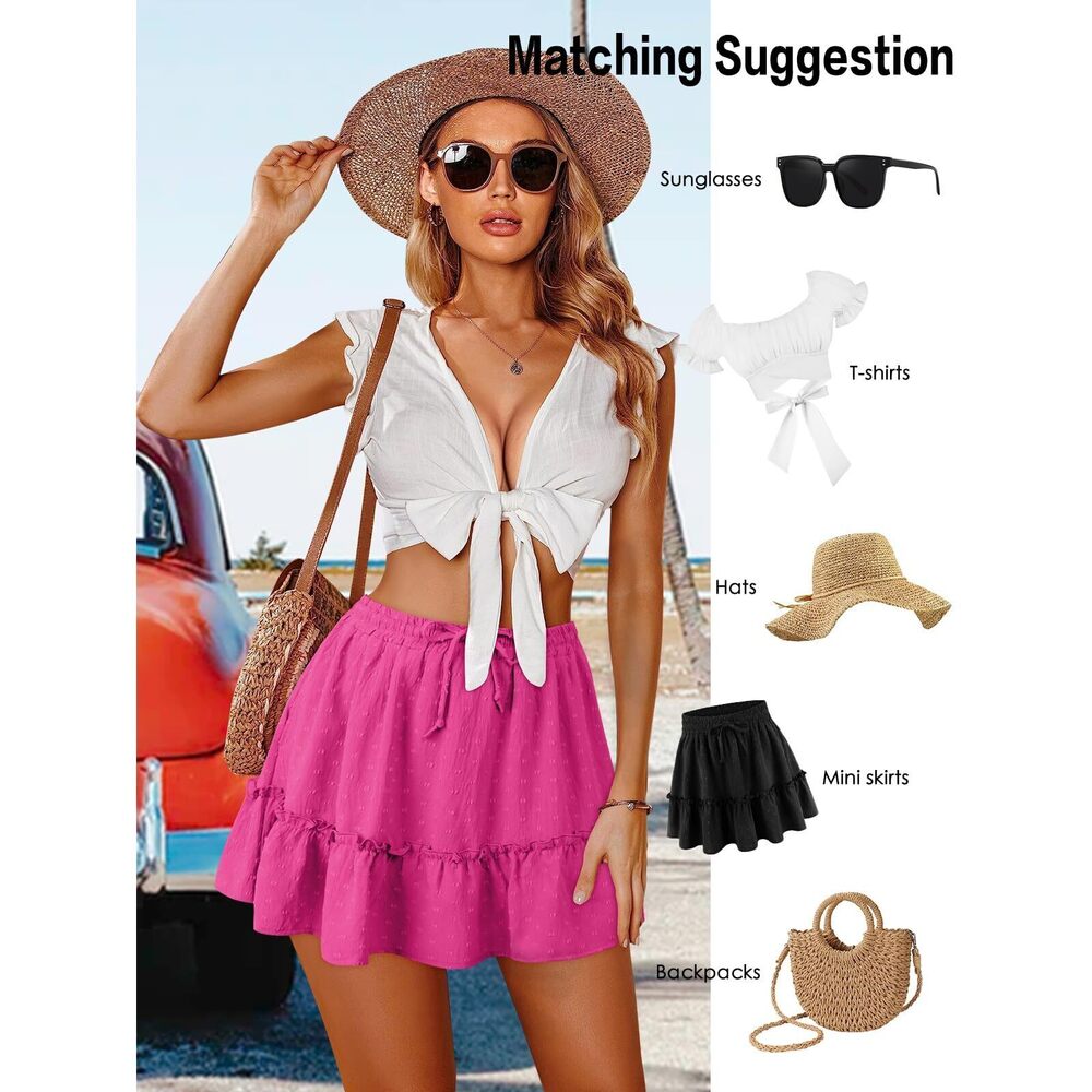 6243 Pink Ruffle Mini High Waisted Linen Skort Fall Boho Flowy Skater Skirt - Picture 3 of 3